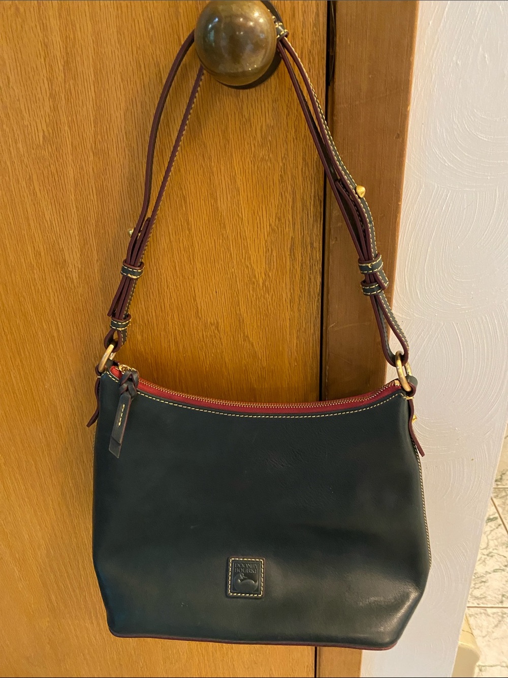 Dooney & Bourke Teal Leather Shoulder Bag with Red Zipper